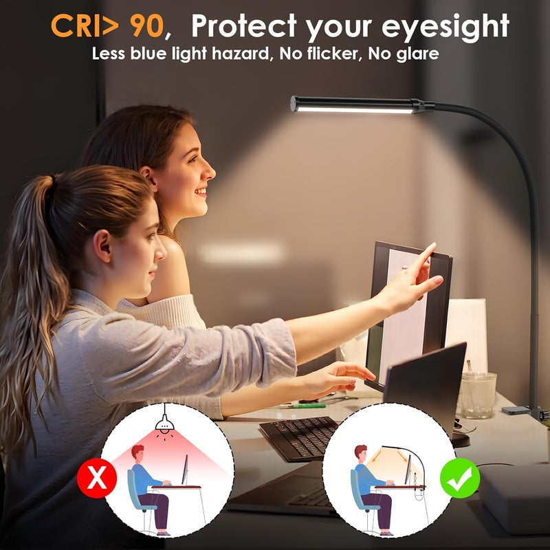 SHINETECH LED Desk lamp with Clamp, 3000K Warm White 11 Brightness Level Eye-Caring Clip Lights for Home Office, USB Adapter, Black - Image 3
